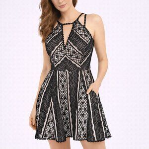 Free People Miss Connections Black Lace Nude Lined Mini Fit & Flare Dress Sz 4